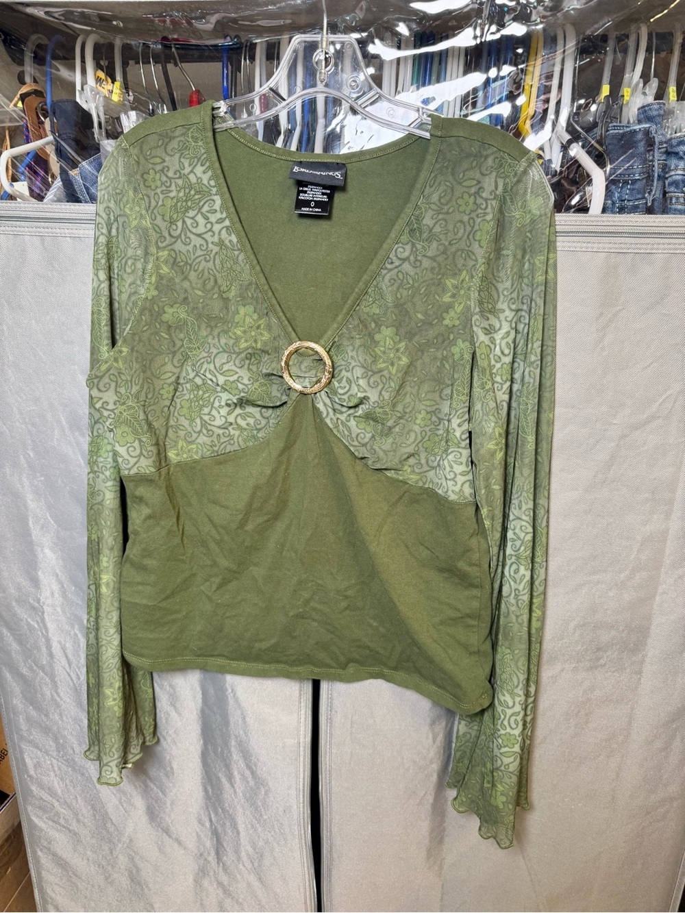 Hot Topic Olive Green Long Sleeve V-Neck Top with Gold Ring